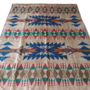 Southwestern‎ Aztec Style Throw German Made Blanket Beige Blue Accent 57x76